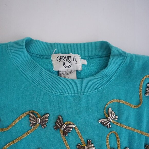 Vintage Cervelle Embellished Turquoise Knit Sweater Bead Butterfly L Whimsygoth - Picture 9 of 11